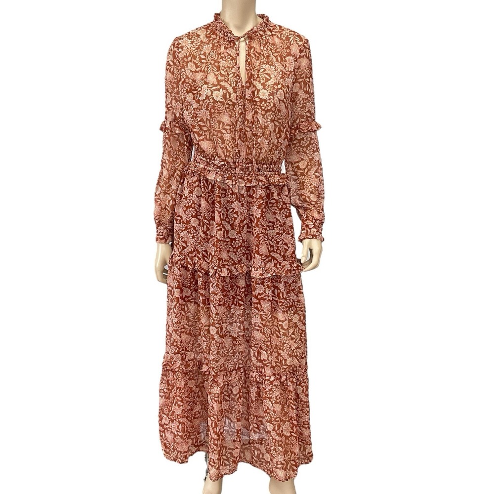 Maven‎ Illa Illa Maxi Dress Women Medium Orange Floral Long Sleeve Long NWT